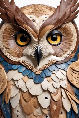 a meticulously crafted figure, shaped to mirror the wise and enigmatic owl. This artisanal creation is composed of carefully selected materials, layered in harmonious shades of chestnut, beige, ivory, and a hint of sky blue. The owl’s eyes are captivating, with deep blue irises encircled by a ring of cream, giving it a piercing gaze. Its beak is a delicate point of pale yellow, contrasting beautifully against its plumage. The feathers are a masterpiece of texture and form, each one cut and positioned to replicate the owl’s natural feathering, resulting in a rich tapestry of color and shadow that brings this creature of the night to life in a new, tangible form. The overall effect is a stunning tribute to the art of handcrafting, transforming simple materials into a representation of nature’s beauty.