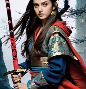 xxmix_girl, , fantasy !! A woman beautiful actress north Indian Aditi Rao hydari with long flowing hair  wearing hoodie sweater holding a huge Samurai sword on her tap shoulder and looking at the camera,  intricate artwork detailed,  detailed perfect face,  special effects,  full colors detailed,  isometric,  movie concept art,  epic perspective,  masterpiece,  ominous,  golden ratio,  stunning, ultra sharp focus, --s98500