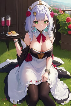 (masterpiece:1.2, best quality:1.2, beautiful, high quality, highres:1.1, aesthetic), detailed, extremely detailed, ambient soft lighting, perfect eyes, perfect face, 1girl, long white hair, hair ornament, normal breasts, red gatsby dress, strapless, dress can see through, show nipples, bare shoulders, sleeveless, wrist cuffs, detached sleeves, earrings, black choker, looking at the viewer, full body, slim body, green eyes,noelledef,isekai city (outside the city in a meadow),noellernd