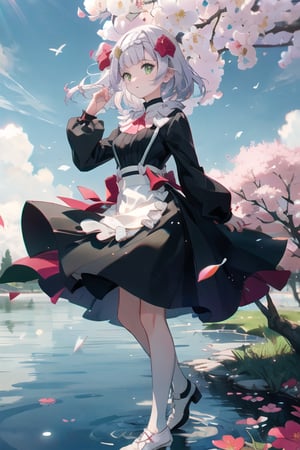 (Highest picture quality), (Master's work),(Detailed eyes description),(Detailed face description),1girl,green eyes,white hair (floating in the wind),hair ornament,white dress,small breast,bare legs,white socks,leather shoes,arms and hands behind back,blush,fluttering grass,(spring,sakura blossoms),petals,(lens flare),altocumulus,dazzling light,cool breeze,(shade) of [a sakura tree],meadow,(the grass is growing and the birds are flying),(lake,surface reflection)