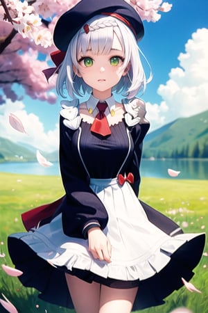 (Highest picture quality), (Master's work),(Detailed eyes description),(Detailed face description),1girl,green eyes,white hair,(short hair),short hair (floating in the wind),hair ornament,white dress,small breast,bare legs,white socks,leather shoes,arms and hands behind back,blush,fluttering grass,(spring,sakura blossoms),petals,(lens flare),altocumulus,dazzling light,cool breeze,(shade) of [a sakura tree],meadow,(the grass is growing and the birds are flying),(lake,surface reflection),noelledef,noellernd,noellekfc