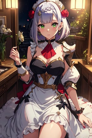 (masterpiece:1.2, best quality:1.2, beautiful, high quality, highres:1.1, aesthetic), detailed, extremely detailed, ambient soft lighting, perfect eyes, perfect face, 1girl, long white hair, hair ornament, normal breasts, red gatsby dress, strapless, dress can see through, bare shoulders, sleeveless, wrist cuffs, detached sleeves, earrings, black choker, looking at the viewer, full body, slim body, green eyes,noelledef,noellernd, isekai city