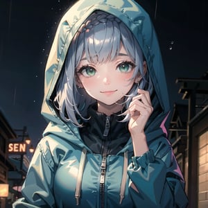 green eyes, girl, rain, looking down, smile, tears, blue raincoat, hood up, town