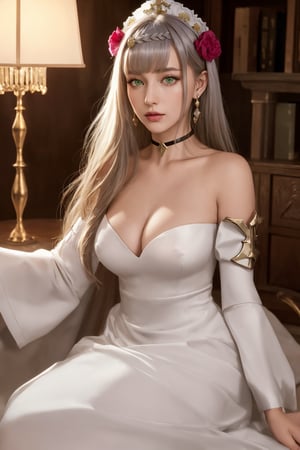 (masterpiece:1.2, best quality:1.2, beautiful, high quality, highres:1.1, aesthetic), detailed, extremely detailed, ambient soft lighting, perfect eyes, perfect face, 1girl, long white hair, hair ornament, normal breasts, red gatsby dress, strapless, dress can see through, show nipples, bare shoulders, sleeveless, wrist cuffs, detached sleeves, earrings, black choker, looking at the viewer, full body, slim body, green eyes,noelledef,raidenshogundef,noellernd