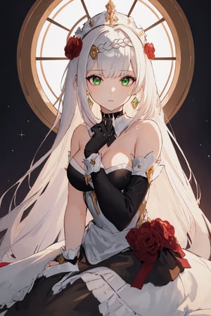 (masterpiece:1.2, best quality:1.2, beautiful, high quality, highres:1.1, aesthetic), detailed, extremely detailed, ambient soft lighting, perfect eyes, perfect face, 1girl, long white hair, hair ornament, normal breasts, red gatsby dress, strapless, dress can see through, show nipples, bare shoulders, sleeveless, wrist cuffs, detached sleeves, earrings, black choker, looking at the viewer, full body, slim body, green eyes,noelledef