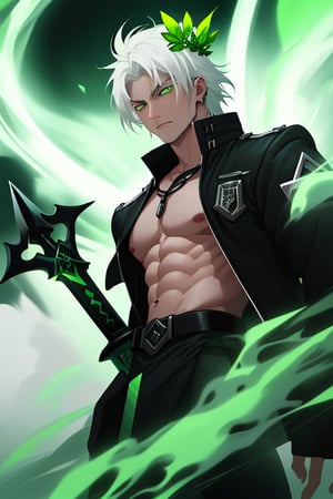 Viego, green sword, black sword, long sword, soul legion, black mist, masculine, man, abs, black jacket, white hair, void heart, lost souls, small green mist triangle on the chest, green chest triangle hole green crown