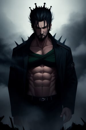 Viego, Dark king, green crown, green mist, black mist, lost souls, abs, black jacket, human