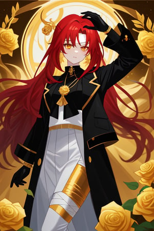 himeko, long red haired girl, white clothes shaped like bandages , black jacket, golden accesories, golden roses, golden pendants, black gloves, golden laurel leaves on the clothes