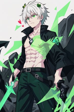 green sword, black sword, long sword, soul legion, black mist, masculine, man, abs, black jacket, white hair, void heart, lost souls, small green mist triangle on the chest, green crown,