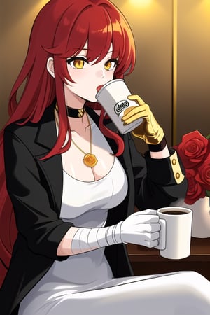 long red haired girl, white clothes shaped like bandages , black jacket, golden accesories, golden roses, golden pendants, drinking coffee, black gloves
