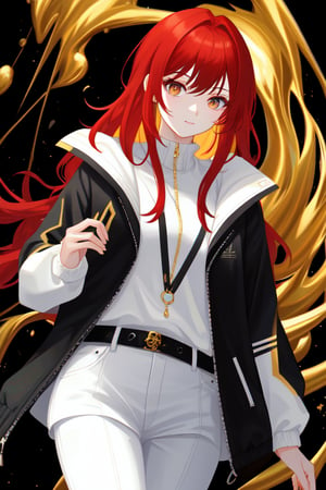 red haired girl, with white clothes, black jacket, golden accesories