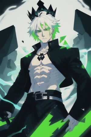 Viego, green sword, black sword, long sword, soul legion, black mist, masculine, man, abs, black jacket, white hair, void heart, lost souls, green mist triangle on the chest, green chest triangle hole green crown,
