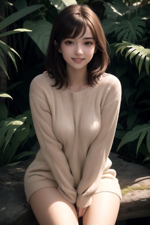 centered, 18 years old woman, bright soft light, morning light, orange soft rim light, looking at the viewer, pure face, beautiful face, smile, messy hair, brown hair, oversized sweater, medium breasts, big thighs, stocking | in the jungle | hyperelism shadows, realism, (hyperelistic shadows), intricate detail, highly detailed, analog, photoshoot