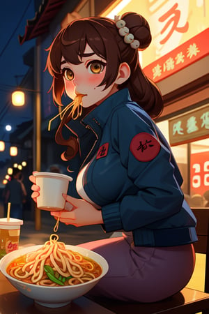 ambient soft lighting, 1girl, expressive hazel eyes, pretty face, drunk face, massive breast, sitting from front, eating noodle in a chinese street food at night, brown hair with buns, hair ornament, navy blue jacket