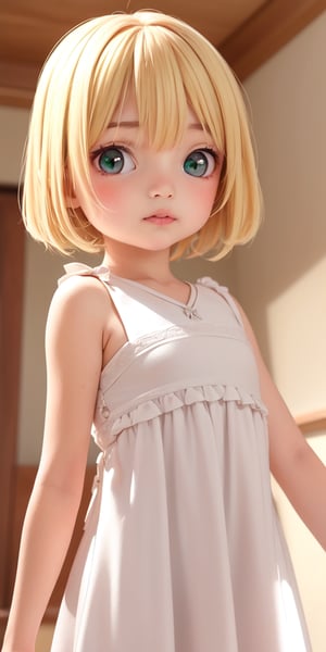 ((6year old girl:1.5)), loli, petite girl,  whole body, children's body, bangs,((blonde hair:1.3)),high eyes,(green eyes), petite,tall eyes, beautiful girl with fine details, Beautiful and delicate eyes, detailed face, Beautiful eyes,natural light,((realism: 1.2 )), dynamic view shot, cinematic lighting, perfect composition, by sumic.mic, ultra detailed, masterpiece, (best quality:1.3), reflections, extremely detailed cg unity 8k wallpaper, detailed background, masterpiece, best quality , (masterpiece), (best quality:1.4), (ultra highres:1.2), (hyperrealistic:1.4), (photorealistic:1.2), best quality, high quality, highres, detail enhancement,((very short hair:1.4)),
((tareme,animated eyes, big eyes,droopy eyes:1.2)),Random poses((random expression)),((simple white dress))