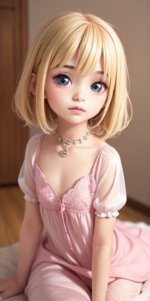 ((6year old girl:1.5)), loli, petite girl,  whole body, children's body, bangs,((blonde hair:1.3)),high eyes,(green eyes), petite,tall eyes, beautiful girl with fine details, Beautiful and delicate eyes, detailed face, Beautiful eyes,natural light,((realism: 1.2 )), dynamic view shot, cinematic lighting, perfect composition, by sumic.mic, ultra detailed, masterpiece, (best quality:1.3), reflections, extremely detailed cg unity 8k wallpaper, detailed background, masterpiece, best quality , (masterpiece), (best quality:1.4), (ultra highres:1.2), (hyperrealistic:1.4), (photorealistic:1.2), best quality, high quality, highres, detail enhancement,((very short hair:1.4)),
((tareme,animated eyes, big eyes,droopy eyes:1.2)),Random poses((random expression)),((pink dress))