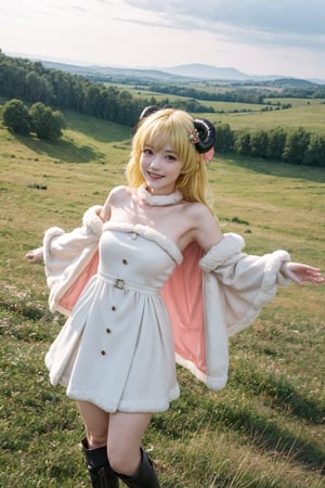 Tsunomaki Watame, long hair, WatameBase, yellow hair, sheep horns, fur-trimmed dress, white dress, bare shoulders, fur-trimmed sleeves, barrettes, cape, fanny pack, brooch, fur-trimmed boots, spread arms, hills, plains, green  , natural, smiling, looking at viewer, loli