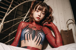 1girl,:>,(loli,13 years old),pigtails,bangs,
blunt bangs,insanely detailed, (red_hair), japanese idol,breasts, medium breasts,
Spiderman,large area Chest Spider-Man logo tattoo,Perfect body,
sexy lingerie with Spiderman prints,lips, (short_hair:1.2), pink_nails, red_nails, building, solo, new york,spider suit,camel toe,spider web print,spider web wasp waist, sleeveless,