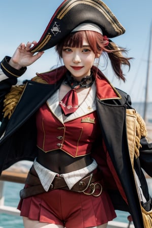 3d, masterpiece, best quality, highly detailed, full body, 1girl, solo, marine_pirate, hair ribbon, red ascot, red skirt, belt, leotard under clothes, sleeveless, thighhighs, black coat, pirate hat, eyepatch, ship, dynamic pose, smile, happy , loli, 18 years old, idol,marine_pirate,Houshou Marine