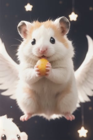 Cast magic, float in the air, starry sky background,White Hamster,surprised,cutie,Detail,eating,white wings,white 