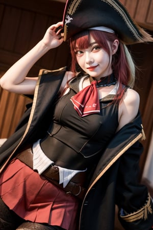 3d, masterpiece, best quality, anime, highly detailed, full body, 1girl, solo, marine_pirate, hair ribbon, red ascot, red skirt, belt, leotard under clothes, sleeveless, thighhighs, black coat, pirate hat, eyepatch, ship, dynamic pose, smile, happy , loli, 18 years old, idol,marine_pirate,Houshou Marine