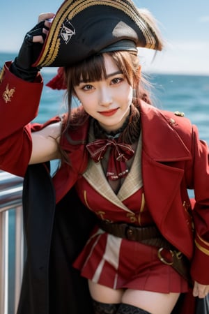 3d, masterpiece, best quality, highly detailed, full body, 1girl, solo, marine_pirate, hair ribbon, red ascot, red skirt, belt, leotard under clothes, sleeveless, thighhighs, black coat, pirate hat, eyepatch, ship, dynamic pose, smile, happy , loli, 18 years old, idol,marine_pirate,Houshou Marine