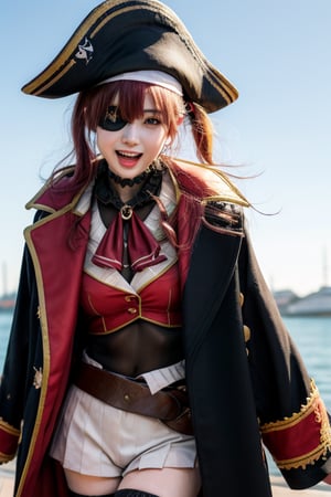 3d, masterpiece, best quality, anime, highly detailed, full body, 1girl, solo, marine_pirate, hair ribbon, red ascot, red skirt, belt, leotard under clothes, sleeveless, thighhighs, black coat, pirate hat, eyepatch, ship, dynamic pose, smile, open mouth , loli, 18 years old, idol,marine_pirate,Houshou Marine