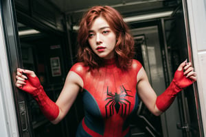 1girl,:>,(loli,13 years old),insanely detailed, (red_hair), japanese idol,breasts, medium breasts,
Spiderman,large area Chest Spider-Man logo tattoo,Perfect body,
sexy lingerie with Spiderman prints,lips, (short_hair:1.2), pink_nails, red_nails, building, solo, new york,spider suit,camel toe,spider web print,spider web wasp waist, sleeveless,