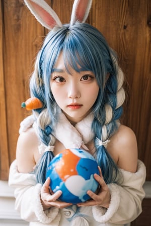 {{{{Usada Pekora}}}}, hololive, light blue hair,  orange eyes, white rabbit ears, {Two blue and white long braids}, white fur ball scarf