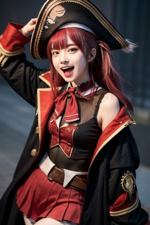 3d, masterpiece, best quality, anime, highly detailed, full body, 1girl, solo, marine_pirate, hair ribbon, red ascot, red skirt, belt, leotard under clothes, sleeveless, thighhighs, black coat, pirate hat, eyepatch, ship, dynamic pose, smile, open mouth , loli, 18 years old, idol,marine_pirate,Houshou Marine