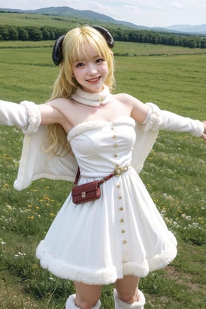 Tsunomaki Watame, long hair, WatameBase, yellow hair, sheep horns, fur-trimmed dress, white dress, bare shoulders, fur-trimmed sleeves, barrettes, cape, fanny pack, brooch, fur-trimmed boots, spread arms, hills, plains, green  , natural, smiling, looking at viewer, loli