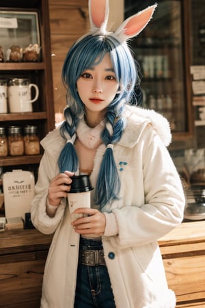 {{{{Usada Pekora}}}}, hololive, light blue hair,  orange eyes, white rabbit ears, {Two blue and white long braids}, white fur ball scarf,Cowboy shoot, coffee shop,