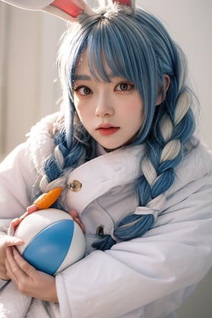 {{{{Usada Pekora}}}}, hololive, light blue hair,  orange eyes, white rabbit ears, {Two blue and white long braids}, white fur ball scarf