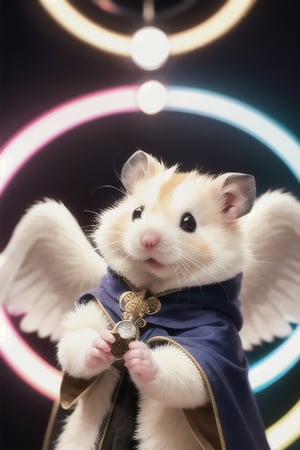 London street, medieval scene, wearing wizard robes, performing magic, magic circle background,White Hamster,cutie,Detail,white wings,white 