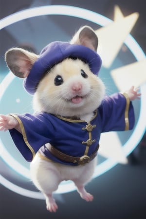 London street, medieval scene, wearing wizard robes, performing magic, magic circle background,White Hamster,surprised,cutie,Detail,white wings,white 