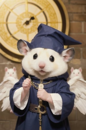 London street, medieval scene, wearing wizard robes, performing magic, magic circle background,White Hamster,cutie,Detail,white wings,white 