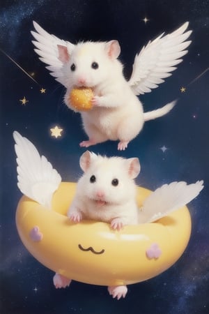 Cast magic, float in the air, starry sky background,White Hamster,surprised,cutie,Detail,eating,white wings,white 