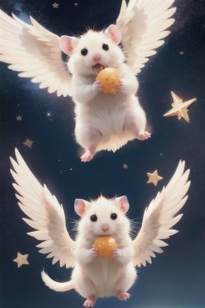 Cast magic, float in the air, starry sky background,White Hamster,surprised,cutie,Detail,eating,white wings,white 