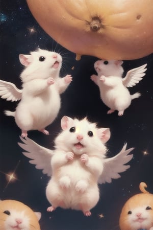 Cast magic, float in the air, starry sky background,White Hamster,surprised,cutie,Detail,idle animation,eating,white wings,white background,angry,sweet potato