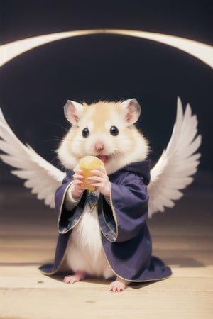 London street, medieval scene, wearing wizard robes, performing magic, magic circle background,White Hamster,surprised,cutie,Detail,eating,white wings,white 