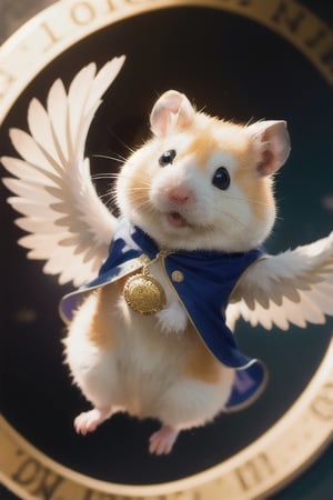 London street, medieval scene, wearing wizard robes, performing magic, magic circle background,White Hamster,surprised,cutie,Detail,white wings,white 