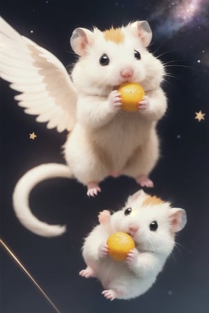 Cast magic, float in the air, starry sky background,White Hamster,surprised,cutie,Detail,eating,white wings,white 