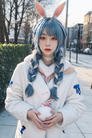 {{{{Usada Pekora}}}}, hololive, light blue hair,  orange eyes, white rabbit ears, {Two blue and white long braids}, white fur ball scarf