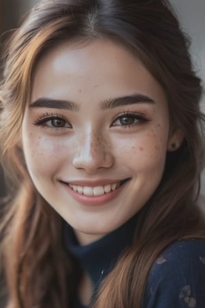 Beautiful Monglian girl, slight freckles, big smile, dark makeup, hyperdetailed photography, soft light, head and shoulders portrait cover