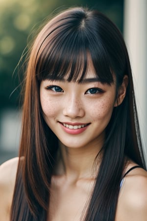 Beautiful Monglian girl, slight freckles, big smile, dark makeup, hyperdetailed photography, soft light, head and shoulders portrait cover