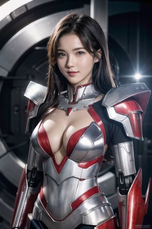 8k, hdr, ultra high res, raw photo, best quality, photorealistic, masterpiece, 1girl, solo, black hair, missing_cutie_mark, beautifull face, detailed face, blue eyes, expressive eyes, smile, sexy cleavage, medium breast, intricate detailed, (girl wear skimpy red silver chrome mecha armor:1.2), detailed skin, space background.