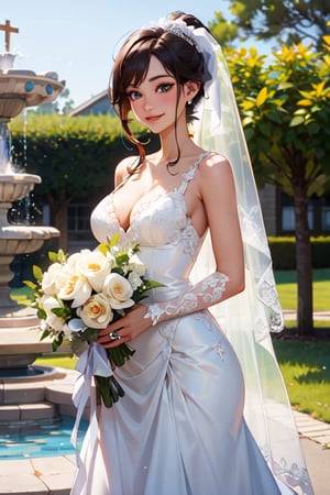 8k, hdr, ultra high res, raw photo, ultra-detailed, photorealistic, masterpiece, 1girl, solo, long ponytail, beautifull face, detailed face, blue eyes, expressive eyes, smile, sexy cleavage, medium breast, no underwear,, bride, wedding, bridal bouquet, veil, long dress, dress, bare shoulders, detailed skin, intricate detailed, Outdoor chapel, outdoor garden, fountain.