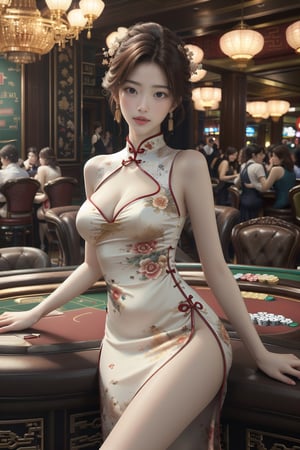 8k, ultra high definition, masterpiece, best quality, photorealistic, 1 girl, dealer, beautiful eyes, beautiful face, medium breasts, sexy cleavage, cheongsam, casino background.