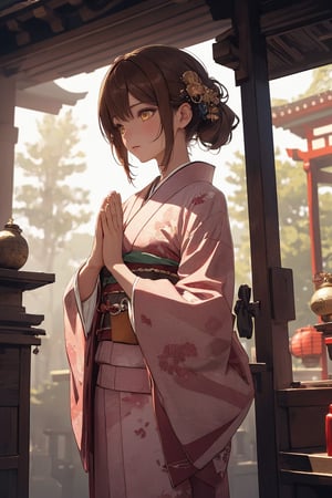 A Ultra realistic, a stunningly girl in (Pine and plum  pattern kimono:0.9), ornaments, flirting, filigree, colorful, sparkels, highlights, digital art, masterwork, brown hair, (pray with her palms together at a shrine:1.2) , amber eyes, chignon, dark theme, soothing tones, muted colors, high contrast, (natural skin texture, hyperrealism, soft light, sharp)