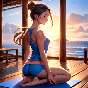 masterpiece, best quality, ultra high res, high detail, high quality, best quality, ultra detailed, absurdres, (ultra detailed face and eyes:1.3), (1girl of average build:1.5) is striking (a Warrior Pose) in her yoga attire on a yoga mat laid out on a wooden deck of a hotel, The deck overlooks a panoramic view of the sea, painting a scene of tranquil beauty, Her athletic figure is emphasized by her form-fitting yoga attire, highlighting her strength and flexibility as she executes the pose, The warrior pose she is holding exudes a sense of determination, her gaze focused on an invisible horizon, her body aligned in a perfect harmony, BREAK, The soft murmur of the sea fills the air around her, mixing with the distant calls of seagulls and creating an atmosphere of calm and peace. The sunlight reflects off the vast, open sea, casting a warm glow on her figure, BREAK, In the background, the sea expands into a horizon, meeting the sky in a soft blend of blue shades. The hotel's wooden deck, rustic and inviting, adds to the serene and natural aesthetic of the location. Each element of the scene combines to paint a picture of tranquility and centeredness, the woman in warrior pose at the heart of it all, 

